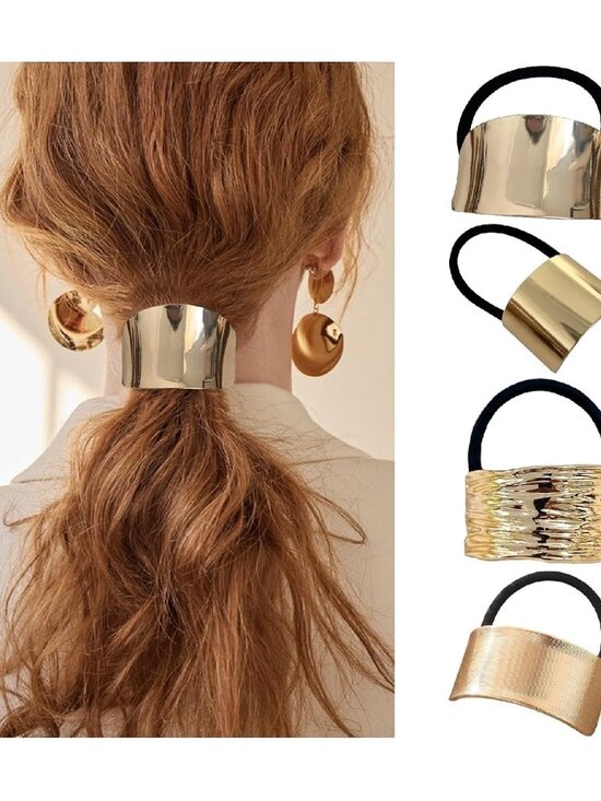 Other - 4 Metal Geometric Elastic Hair Ties - Gold, Thick Hair Cuff Wrap